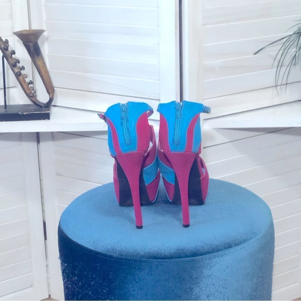 NWOT Liliana vegan leather teal blue and hot pink 6” heel platform sandals sz 9 - Picture 4 of 10